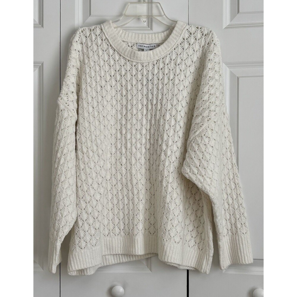 AND NOW THIS SWEATER WHITE OFF POINTELLE KNIT PLUS SIZE 2X/3X LONG SLEEVE PULLON